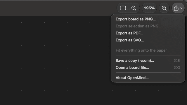 OpenMind share menu showing Export board as PNG, Export selection as PNG, Export as PDF, Export as SVG, Fit everything onto the paper, Save a copy (.vsom) and Open a board file.