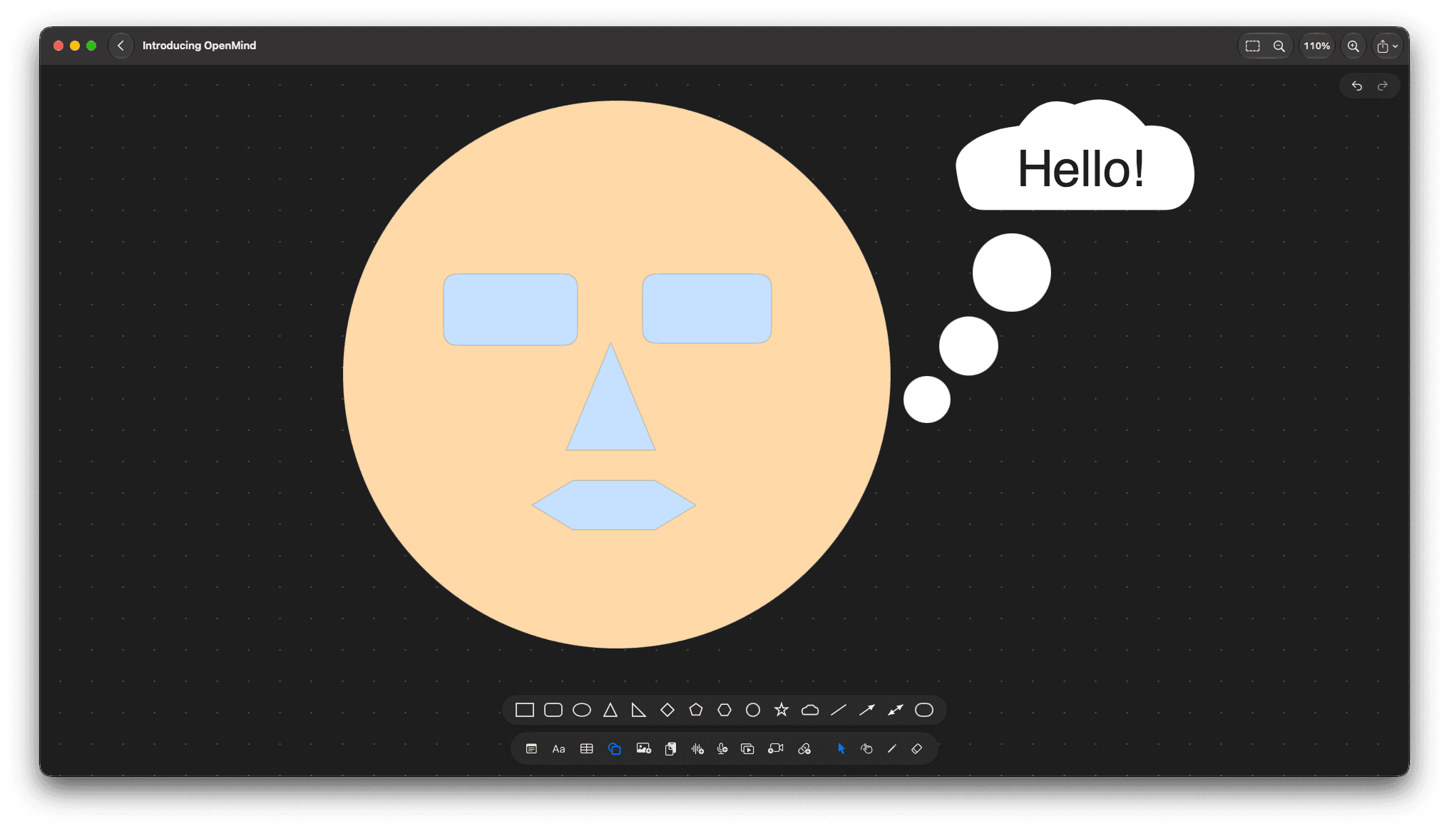 OpenMind canvas with a face built from shapes — a large circle, capsule eyes, a triangle nose and a hexagon mouth — beside a thought bubble reading Hello, with the shape picker strip above the toolbar.