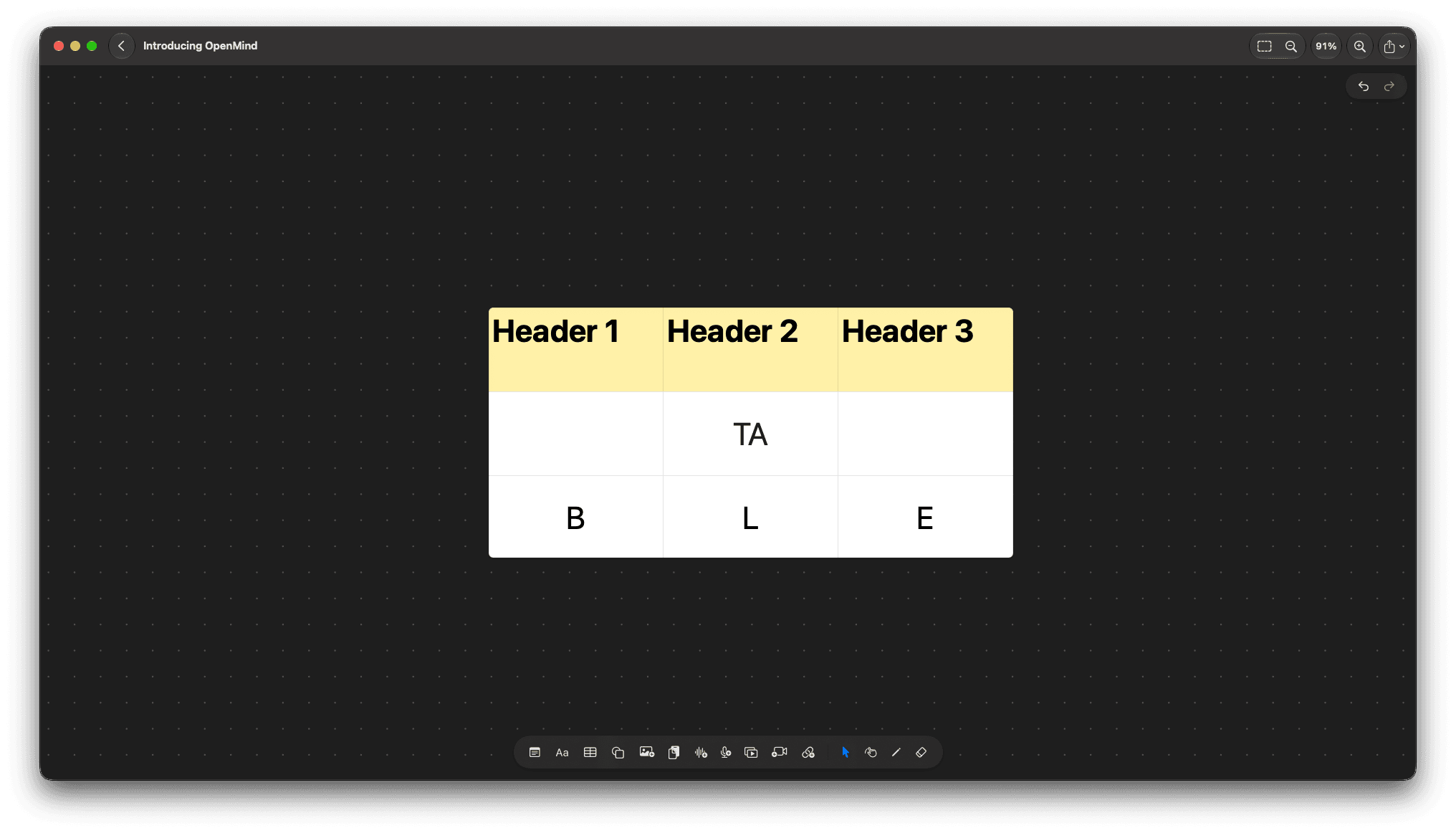 OpenMind canvas with a three-column table with yellow header cells reading Header 1, Header 2 and Header 3.